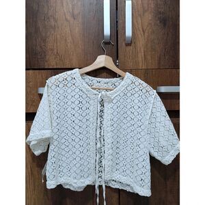 3/4 Sleeve White Top with Tiny Holes and Front Straps